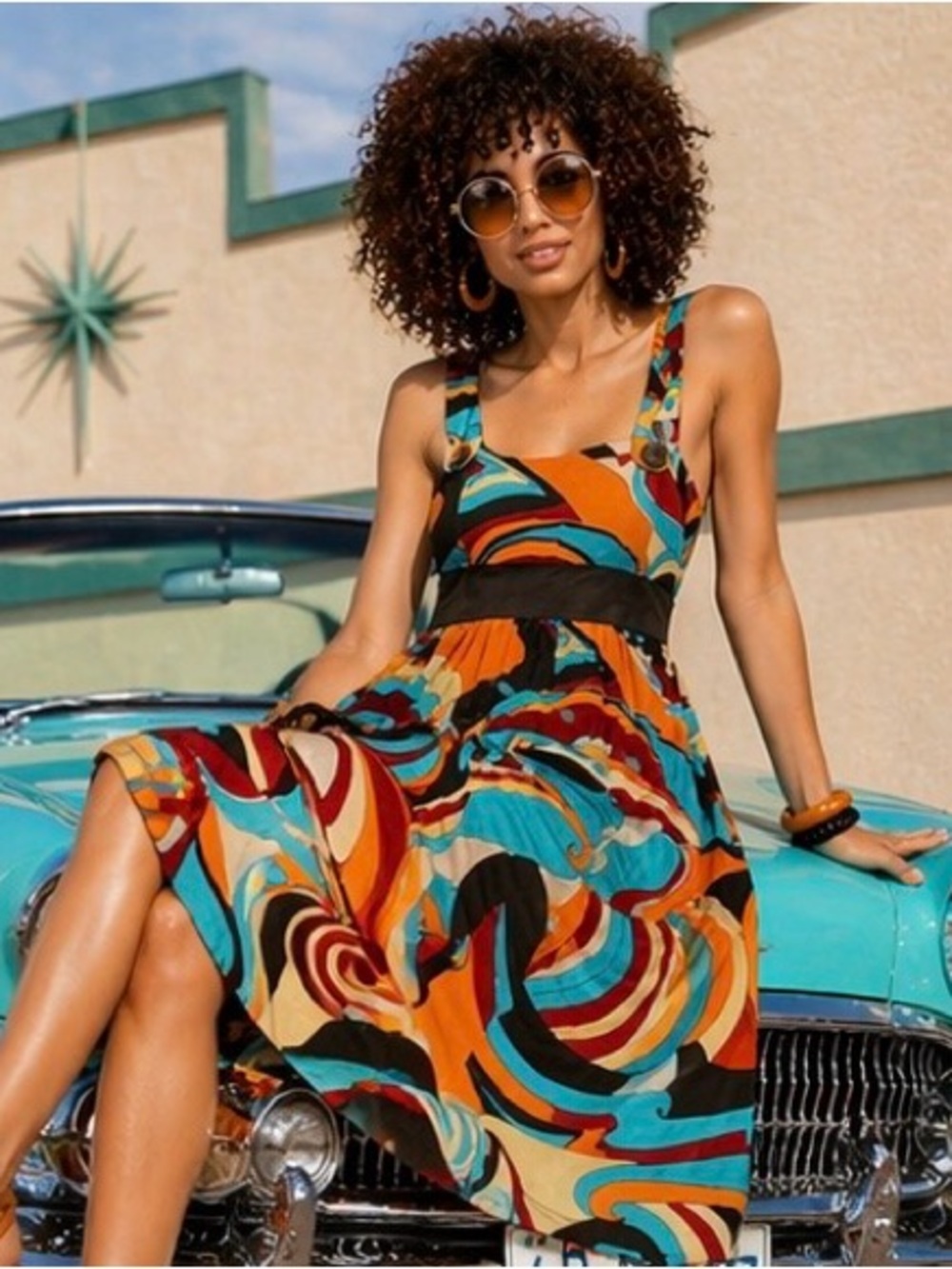 My Michelle Vintage 60s-70s Mod Swirl Print Dress | Retro A-Line Midi Tie Back M